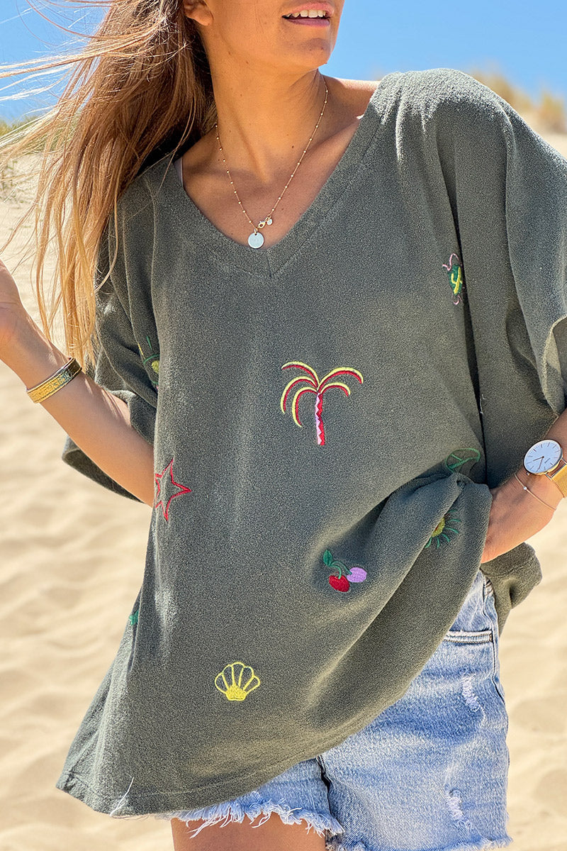 Olive Embroidered Terry V-Neck Top