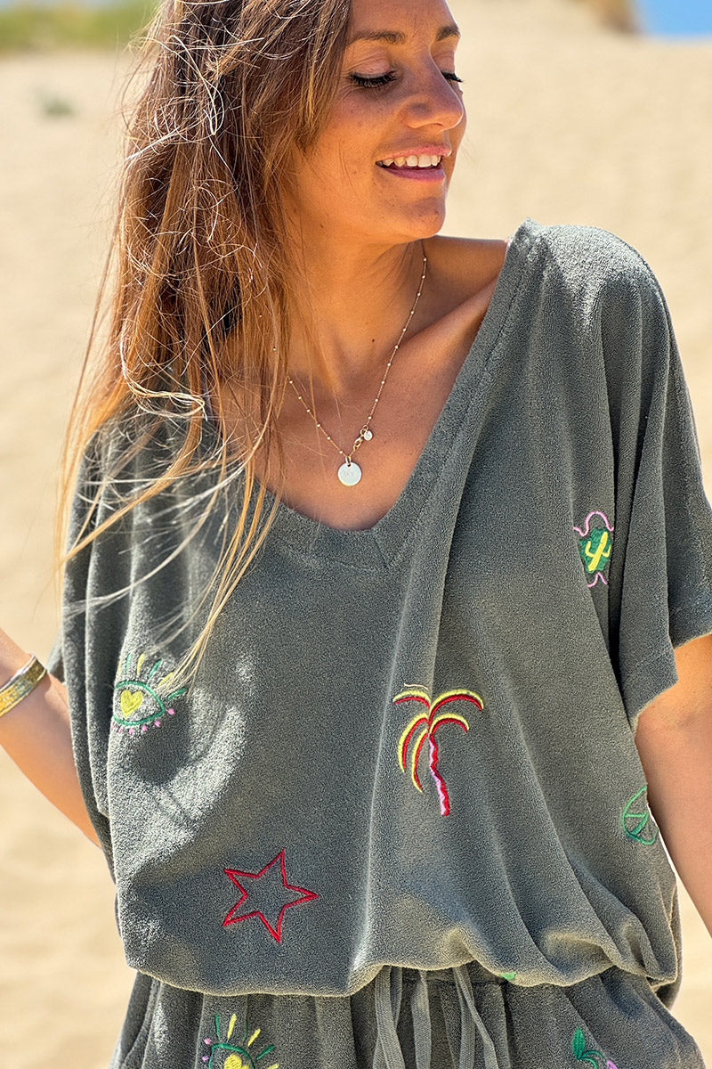 Olive Embroidered Terry V-Neck Top