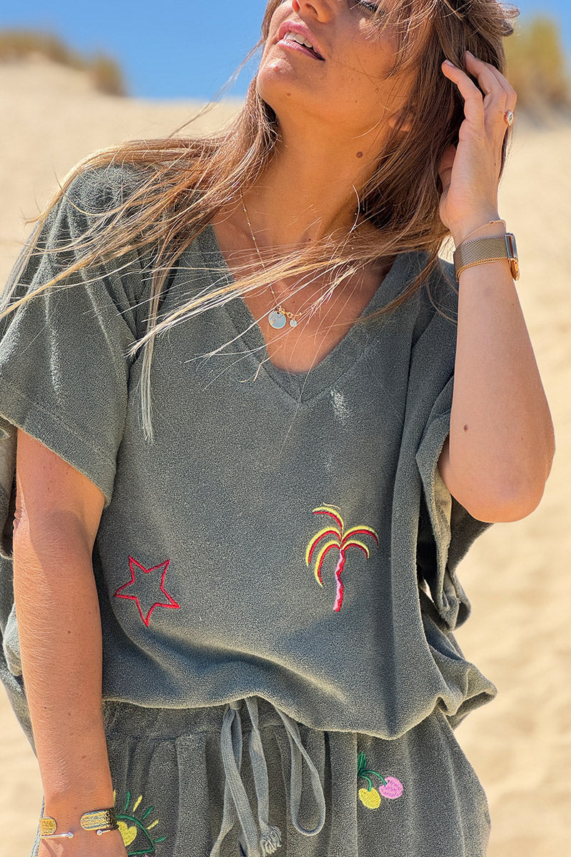 Olive Embroidered Terry V-Neck Top