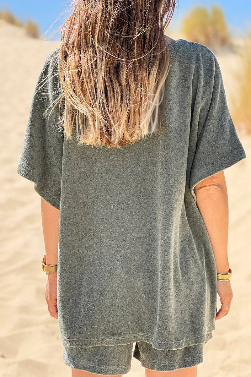 Olive Embroidered Terry V-Neck Top