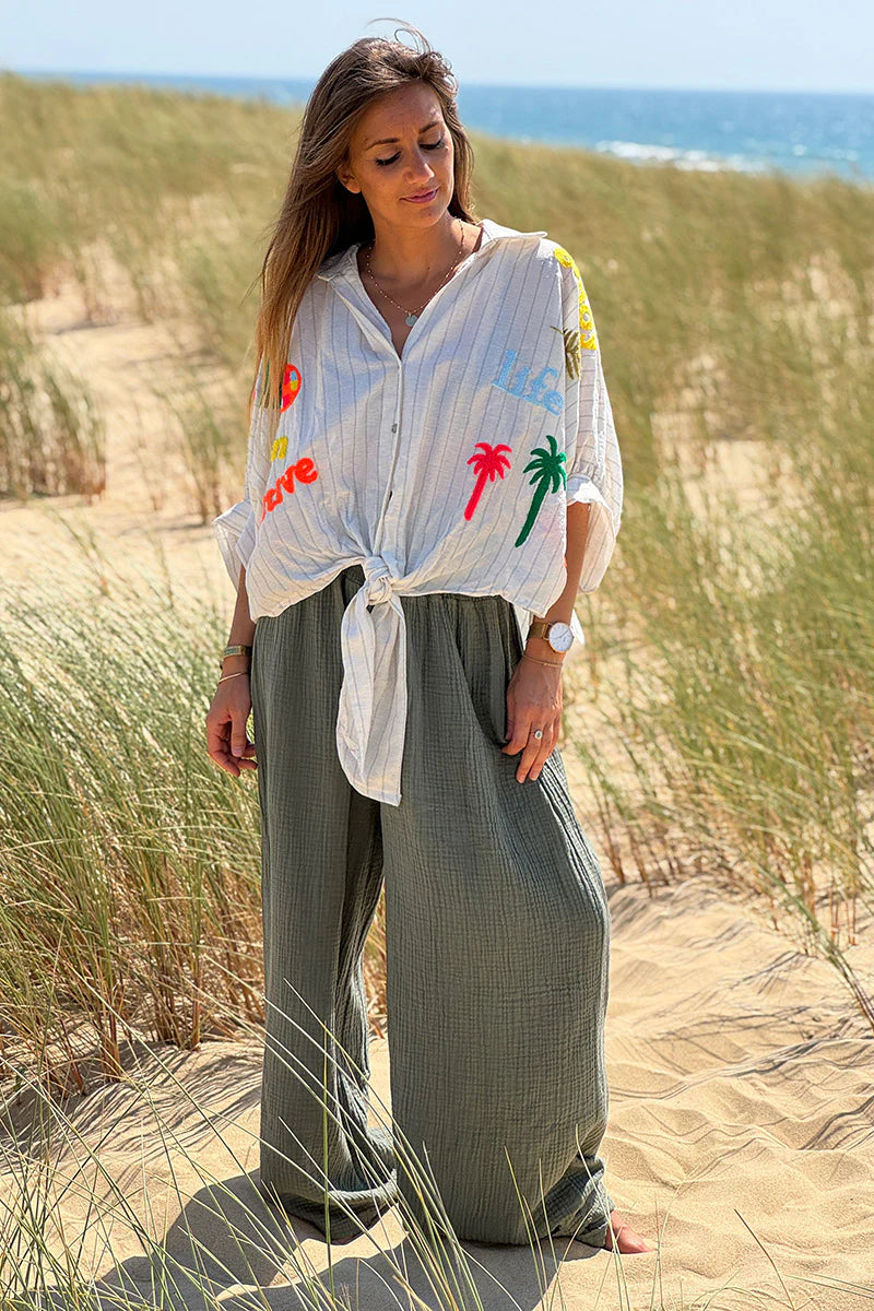 Olive Gauze Wide-Leg Pants