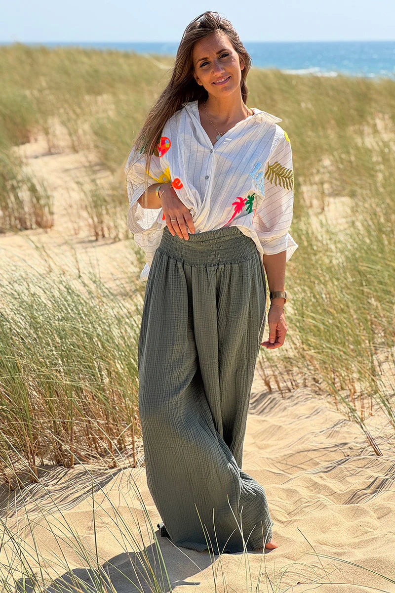 Olive Gauze Wide-Leg Pants