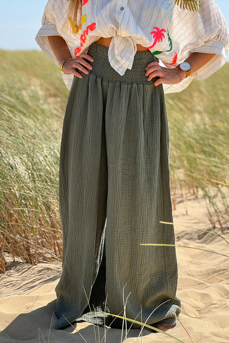 Olive Gauze Wide-Leg Pants