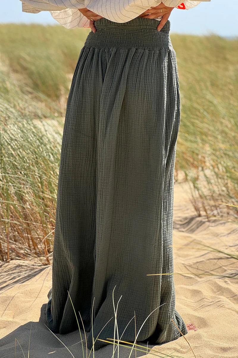 Olive Gauze Wide-Leg Pants