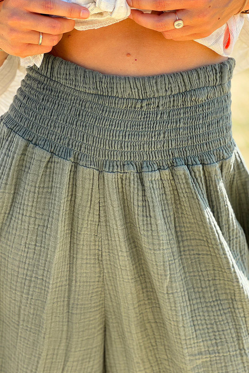 Olive Gauze Wide-Leg Pants