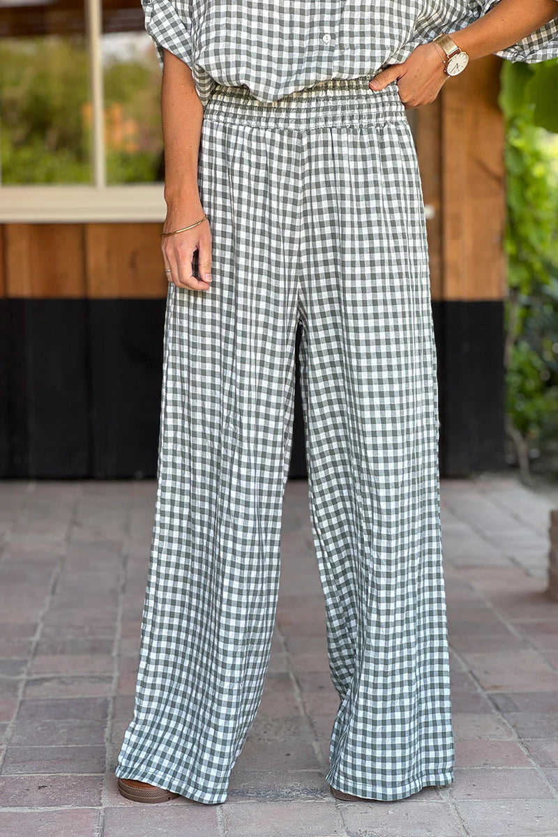 Olive Gingham Wide Leg Pants