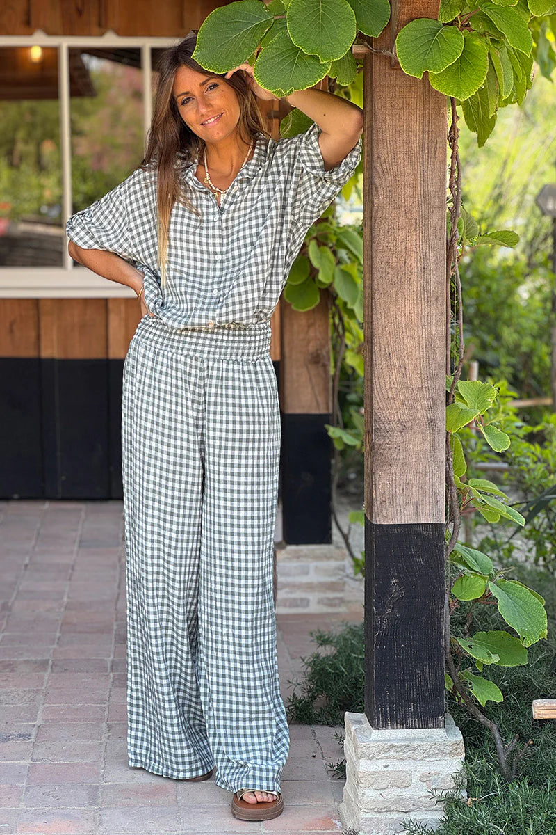 Olive Gingham Wide Leg Pants