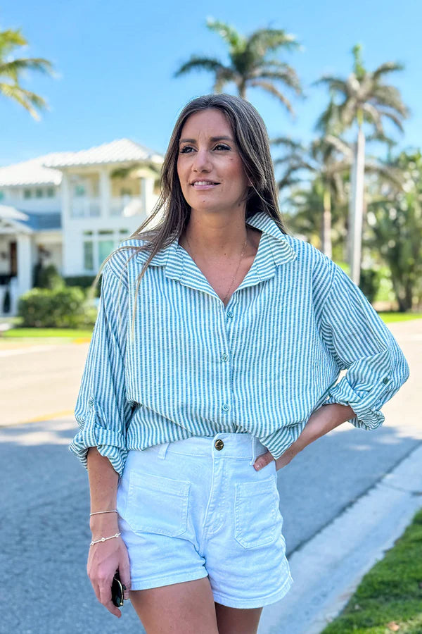 Olive Pinstripe Linen Button-Down Shirt