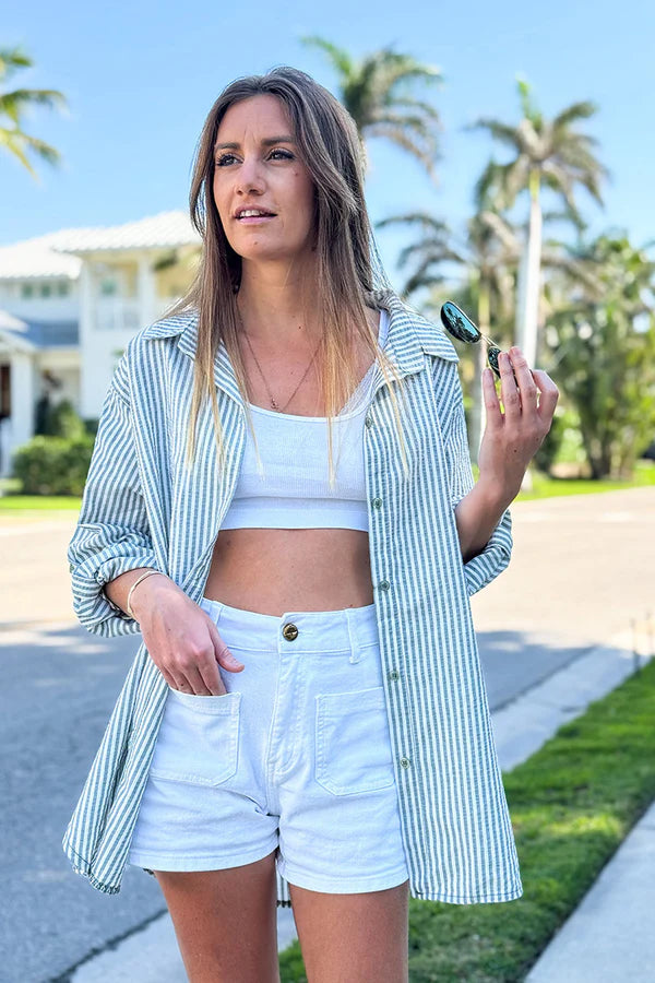 Olive Pinstripe Linen Button-Down Shirt