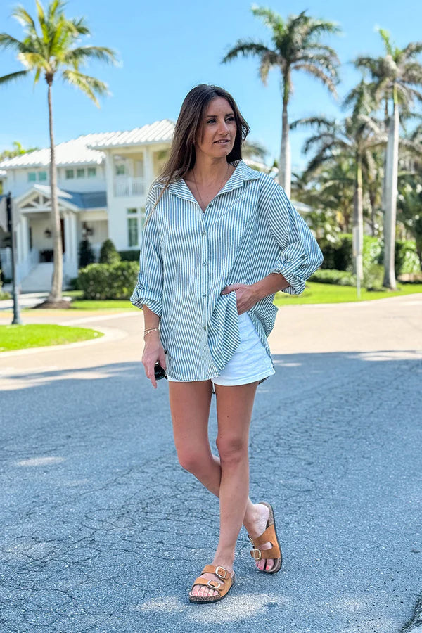 Olive Pinstripe Linen Button-Down Shirt
