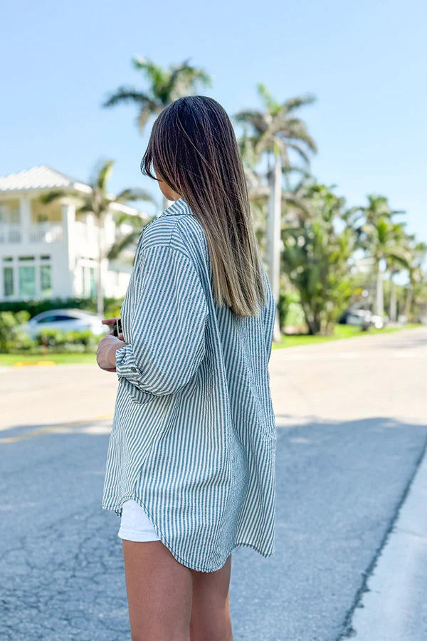 Olive Pinstripe Linen Button-Down Shirt
