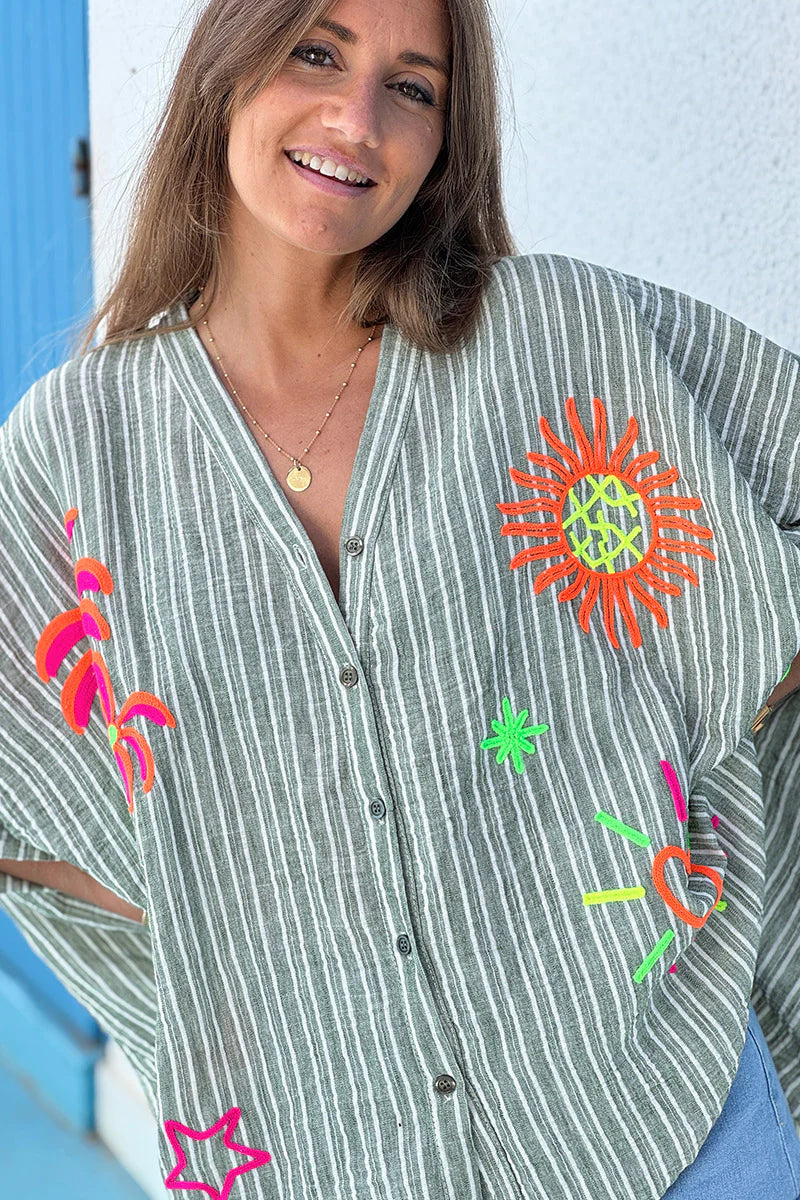 Olive Pinstripe Neon Applique Beach Blouse