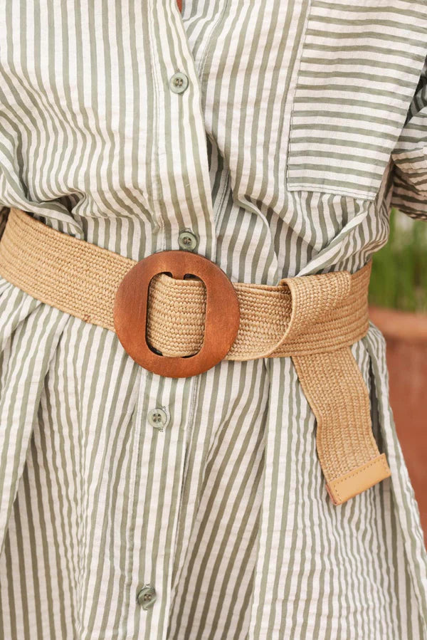 Olive Pinstripe Woven Belted Shirt Dress