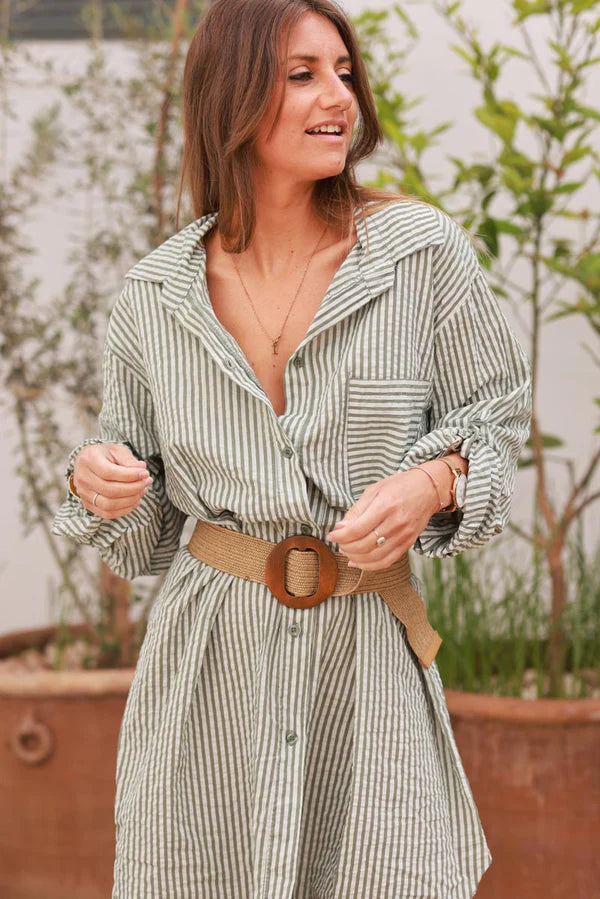 Olive Pinstripe Woven Belted Shirt Dress