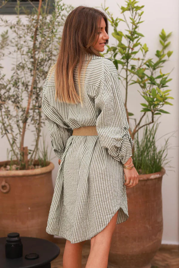 Olive Pinstripe Woven Belted Shirt Dress