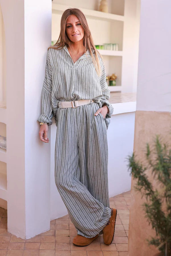 Olive Pinstripe Woven Wide-Leg Pants