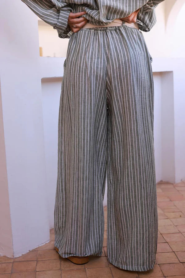 Olive Pinstripe Woven Wide-Leg Pants