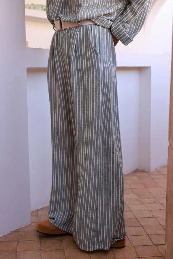 Olive Pinstripe Woven Wide-Leg Pants