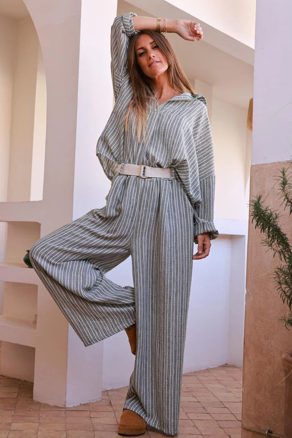 Olive Pinstripe Woven Wide-Leg Pants