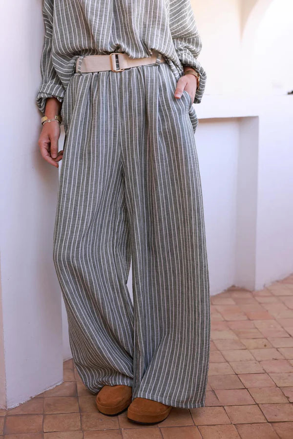 Olive Pinstripe Woven Wide-Leg Pants