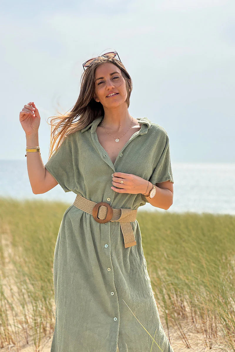 Olive Terry Cloth Button-Down Shirt Dress