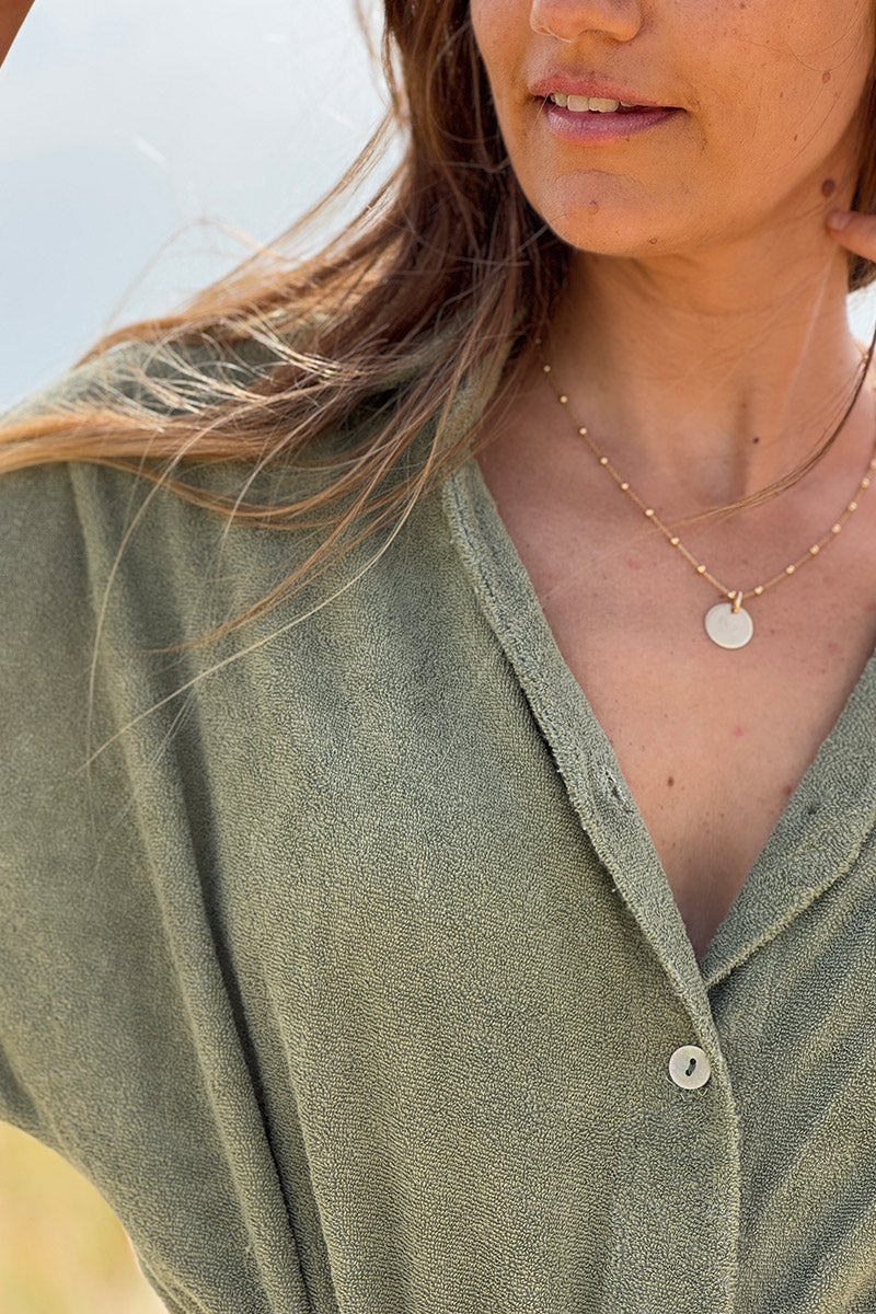 Olive Terry Cloth Button-Down Shirt Dress