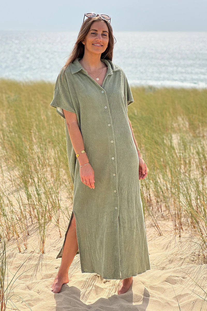 Olive Terry Cloth Button-Down Shirt Dress