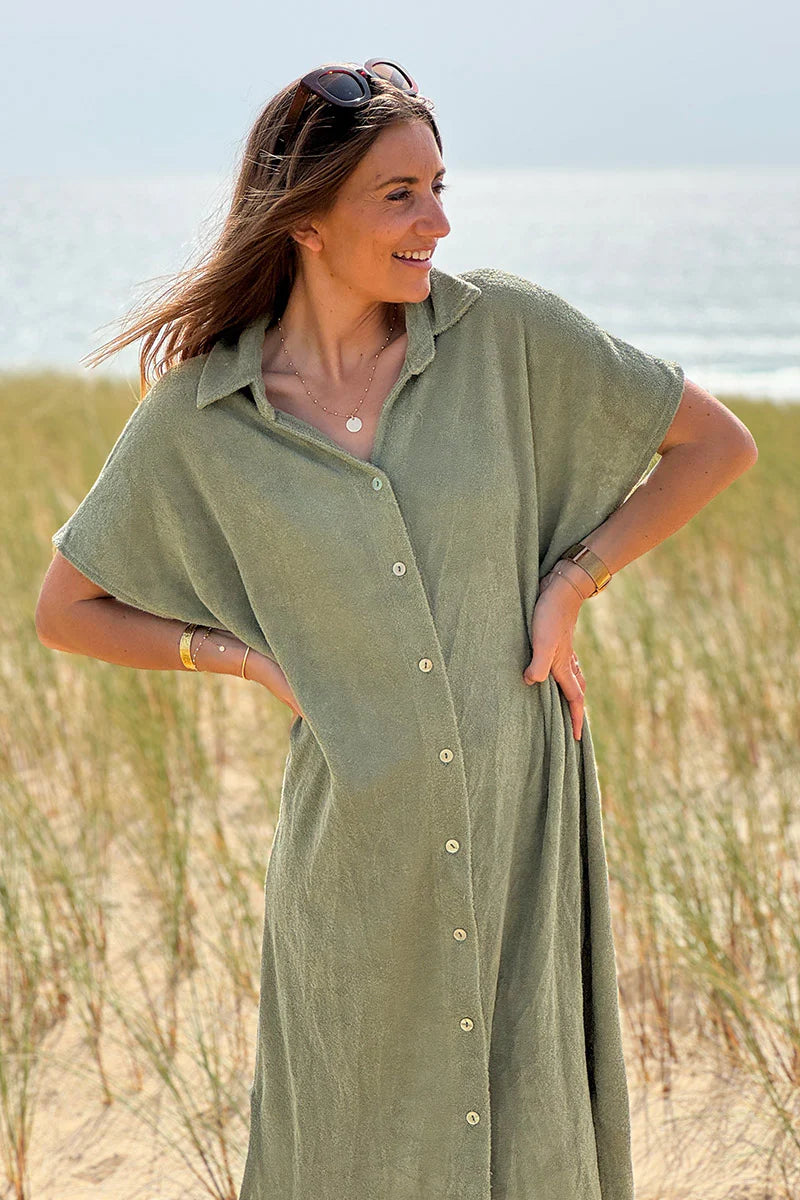 Olive Terry Cloth Button-Down Shirt Dress
