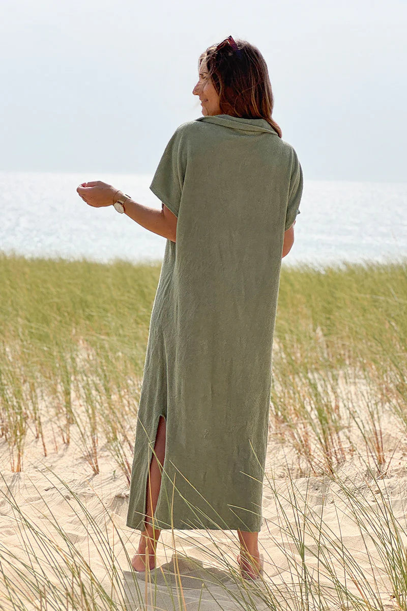 Olive Terry Cloth Button-Down Shirt Dress