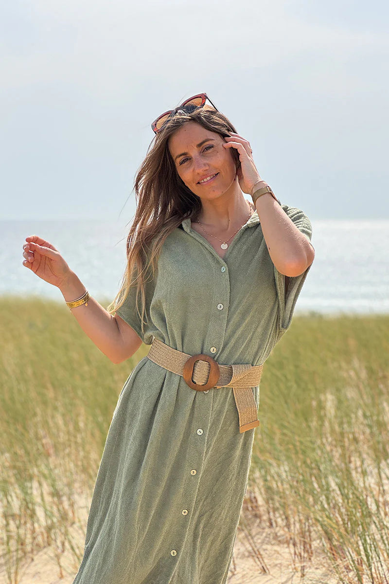 Olive Terry Cloth Button-Down Shirt Dress