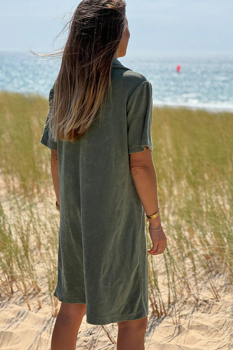Olive Terry Cloth Collared V-Neck Dress