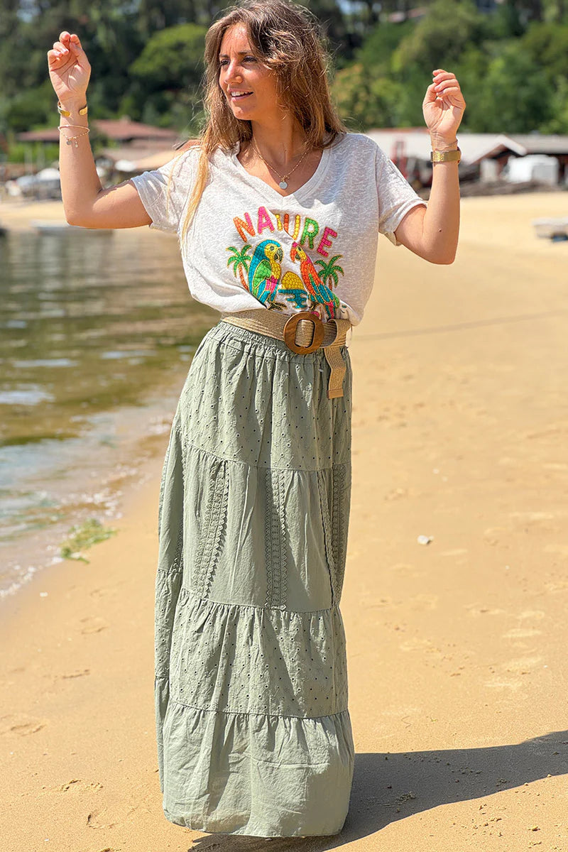 Olive Tiered Eyelet Boho Skirt