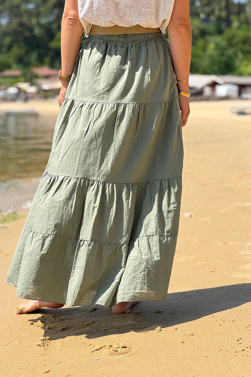 Olive Tiered Eyelet Boho Skirt