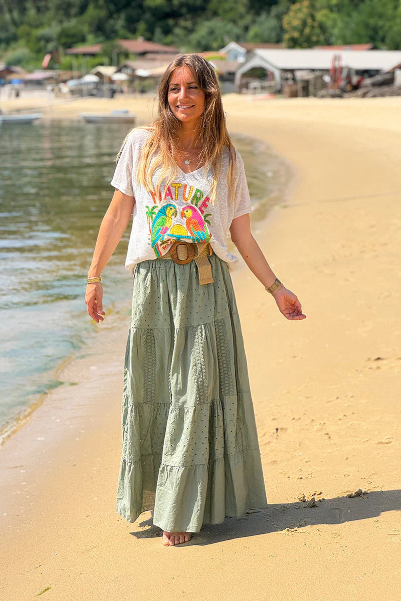 Olive Tiered Eyelet Boho Skirt