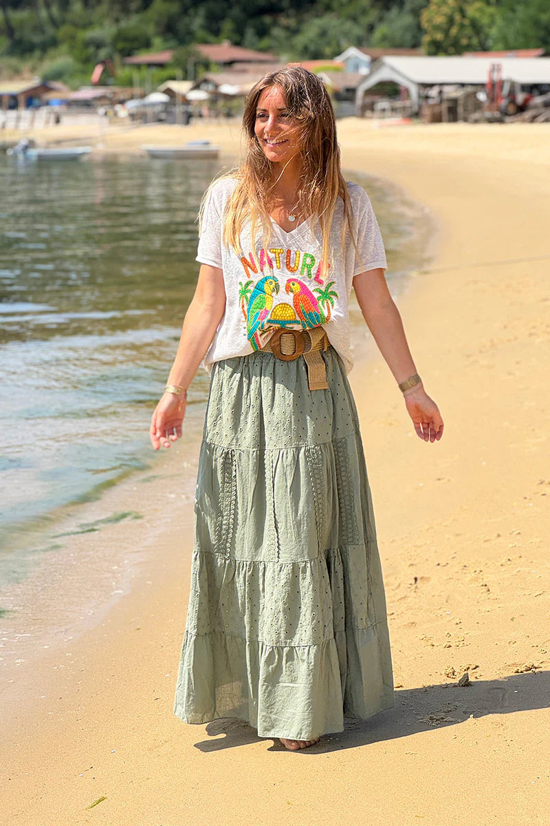 Olive Tiered Eyelet Boho Skirt