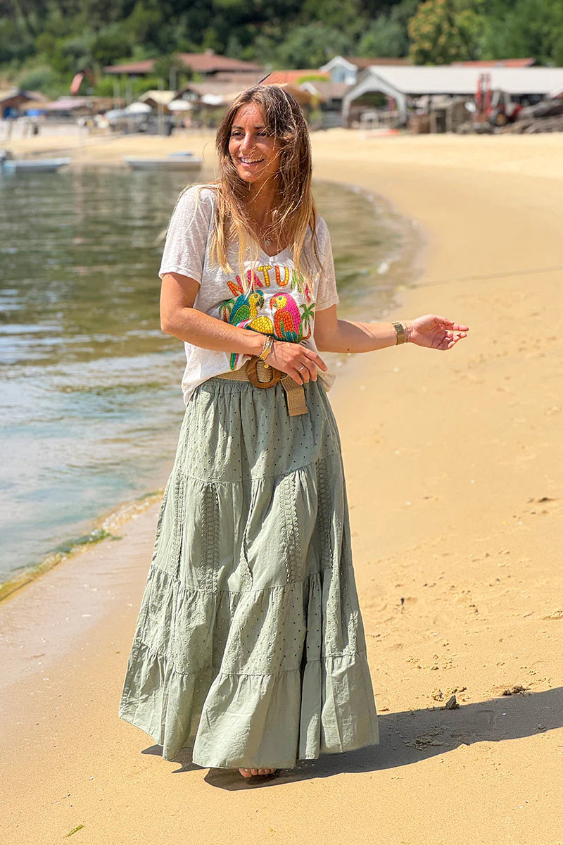 Olive Tiered Eyelet Boho Skirt