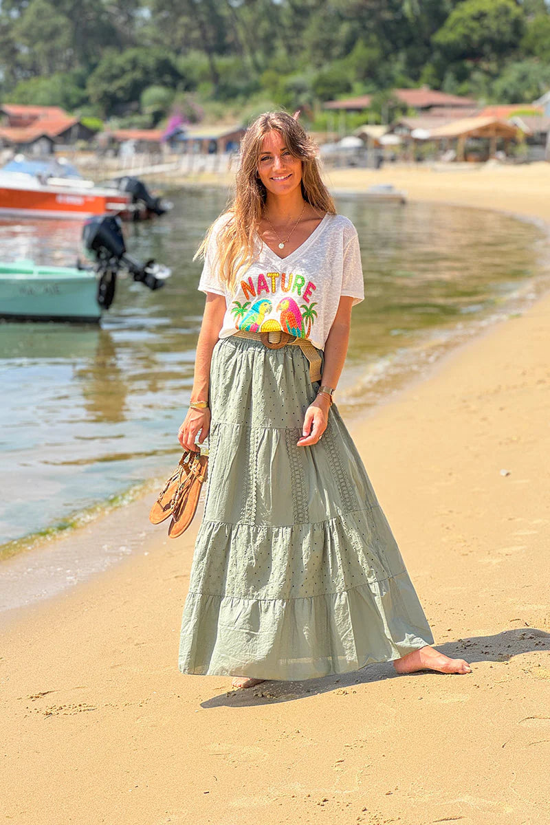 Olive Tiered Eyelet Boho Skirt