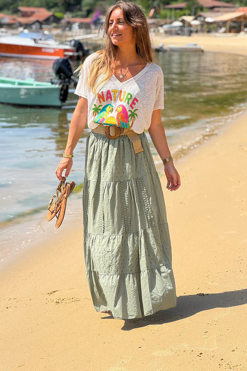 Olive Tiered Eyelet Boho Skirt