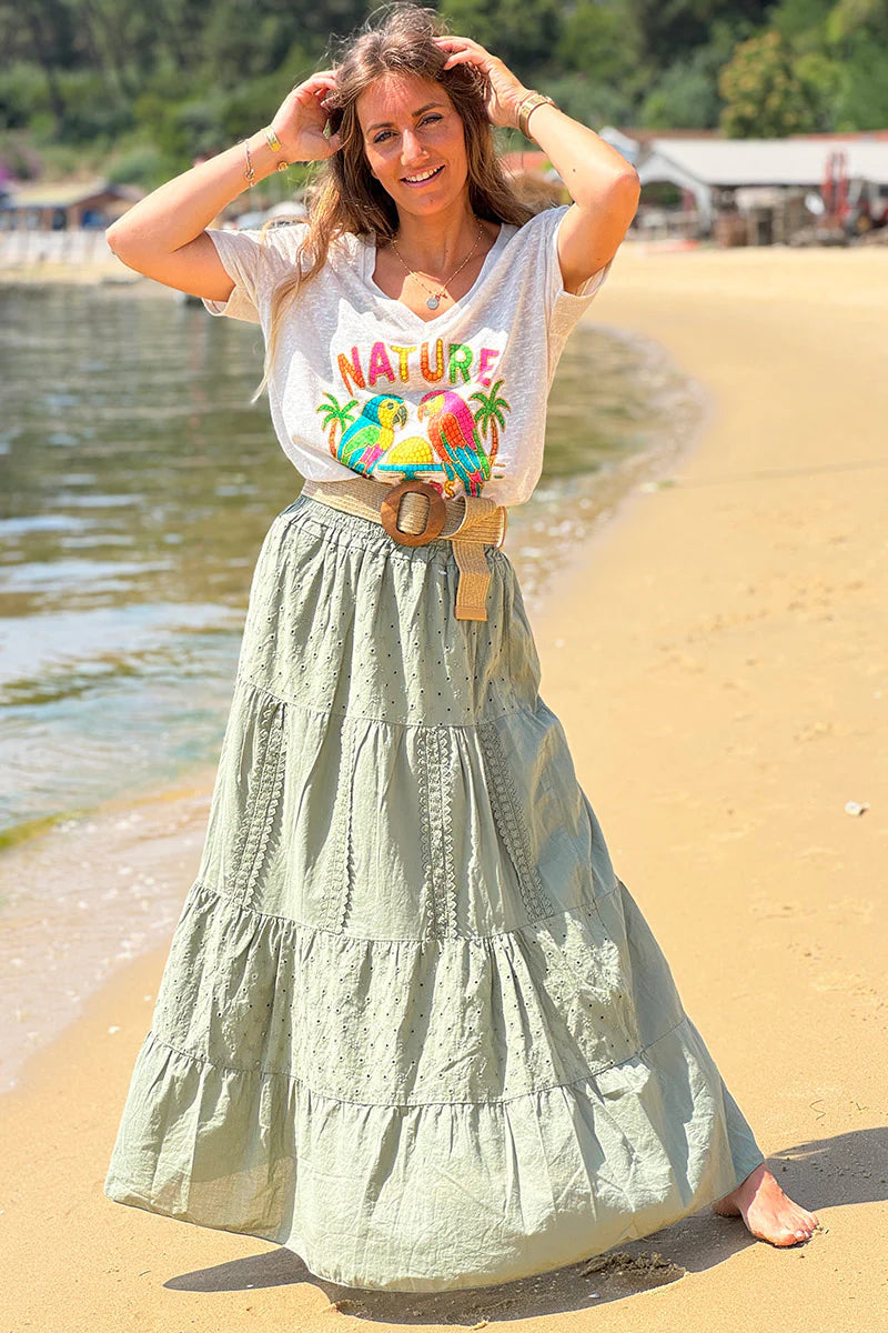 Olive Tiered Eyelet Boho Skirt