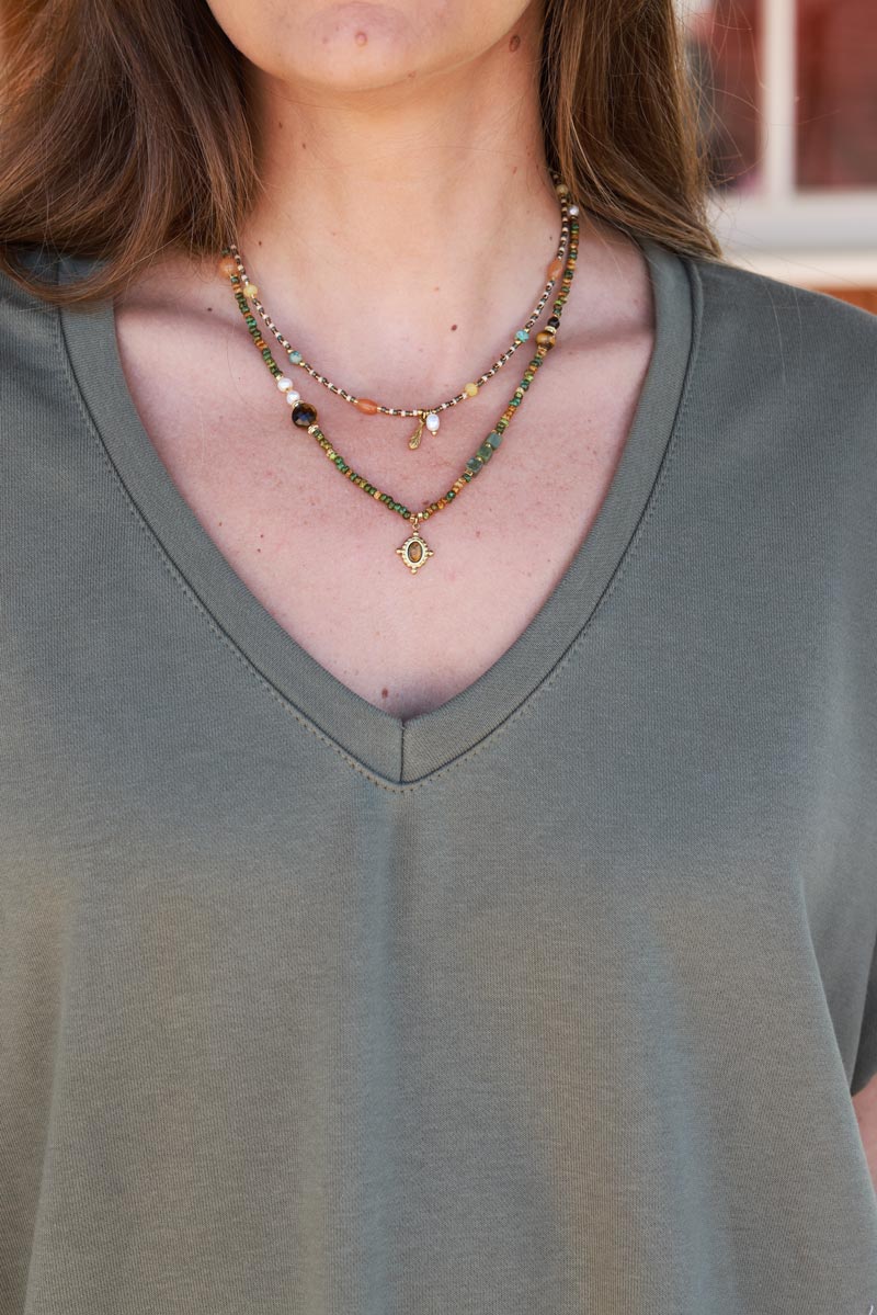 Olive Tone Double Strand Beaded Necklace