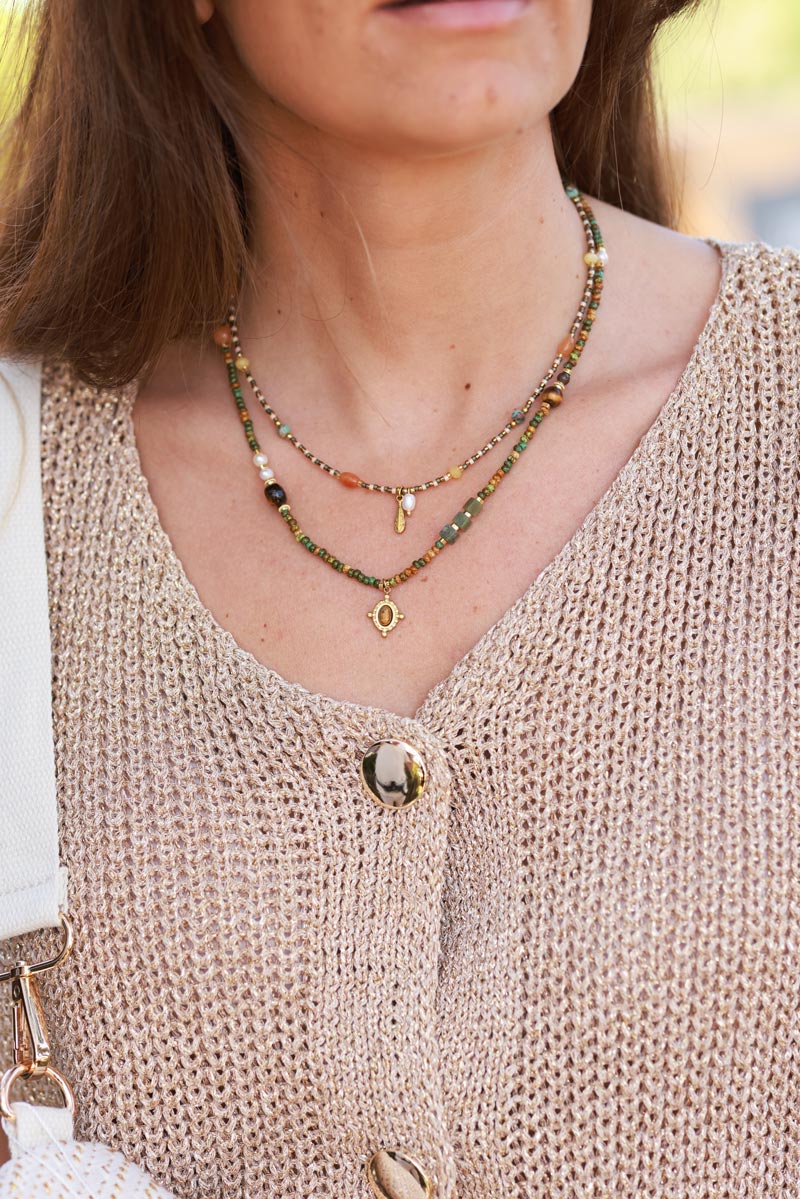 Olive Tone Double Strand Beaded Necklace