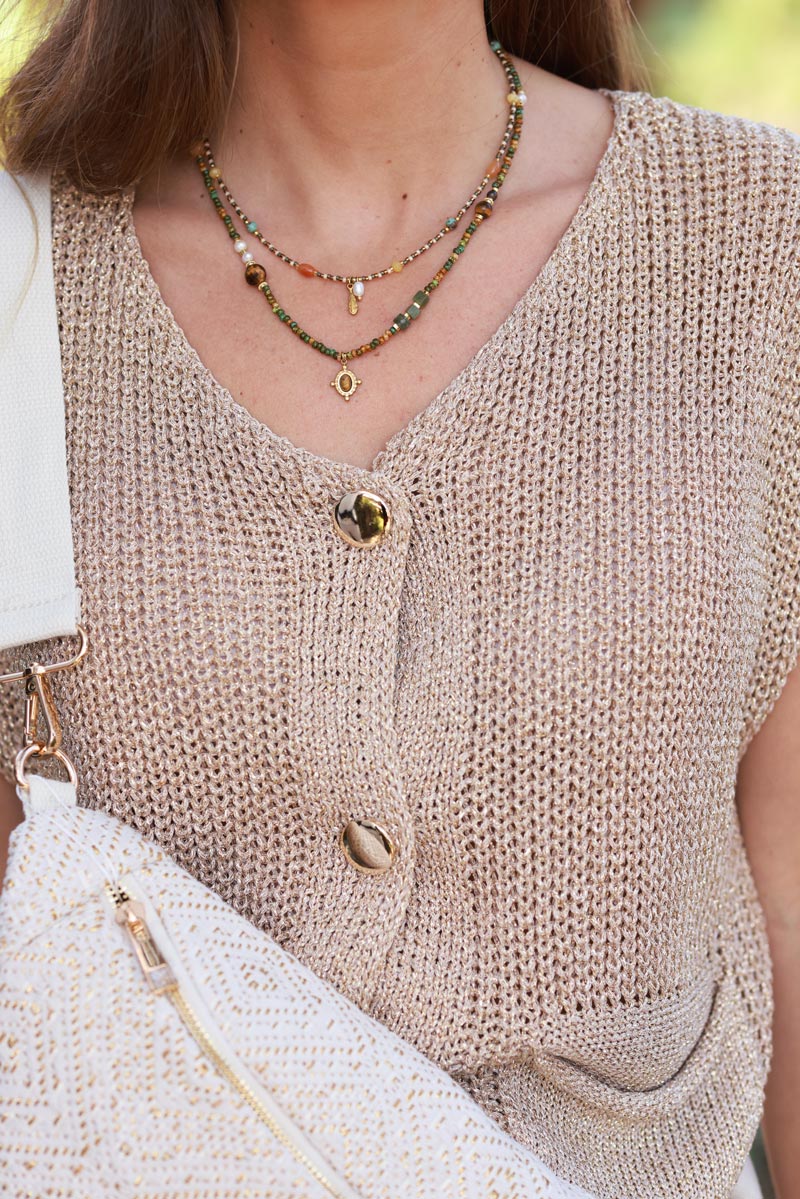 Olive Tone Double Strand Beaded Necklace