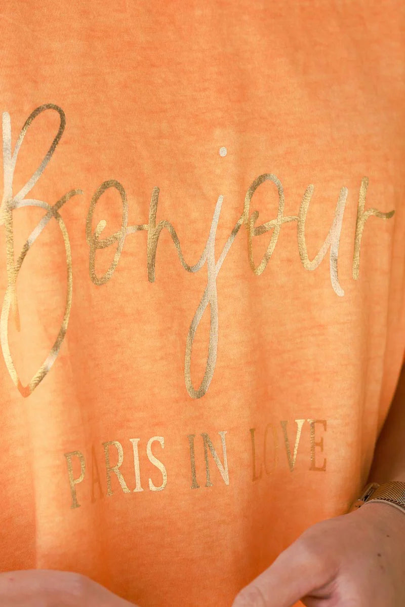 Orange “Bonjour” French Scoop Neck Tee