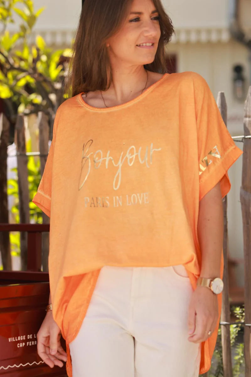 Orange “Bonjour” French Scoop Neck Tee