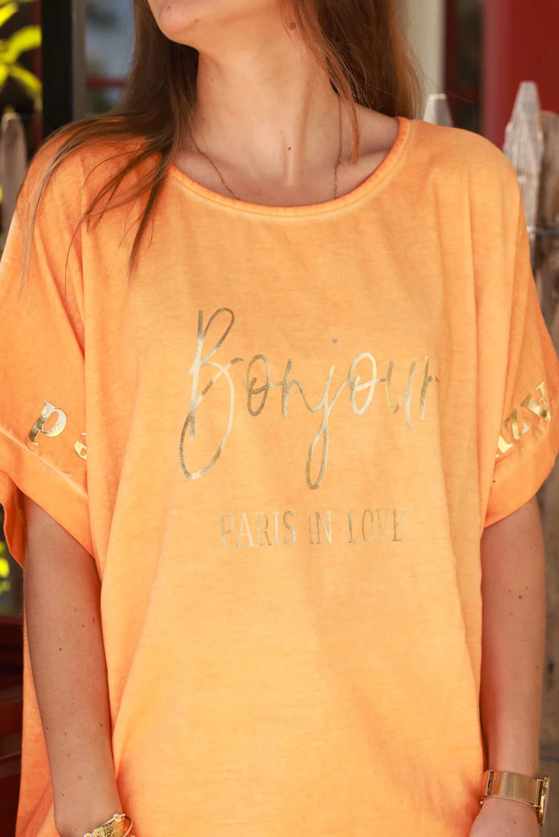 Orange “Bonjour” French Scoop Neck Tee