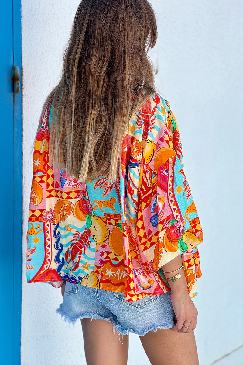Orange Citrus Splash Tropical Print Blouse