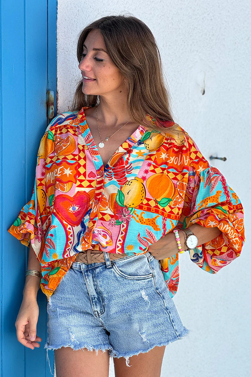 Orange Citrus Splash Tropical Print Blouse