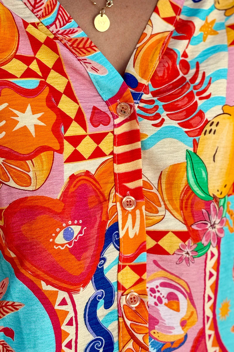Orange Citrus Splash Tropical Print Blouse