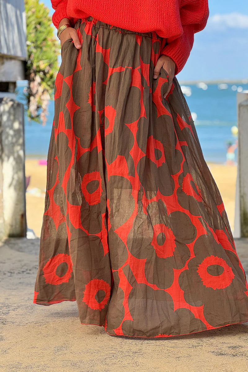 Orange Floral Maxi Skirt with Pockets