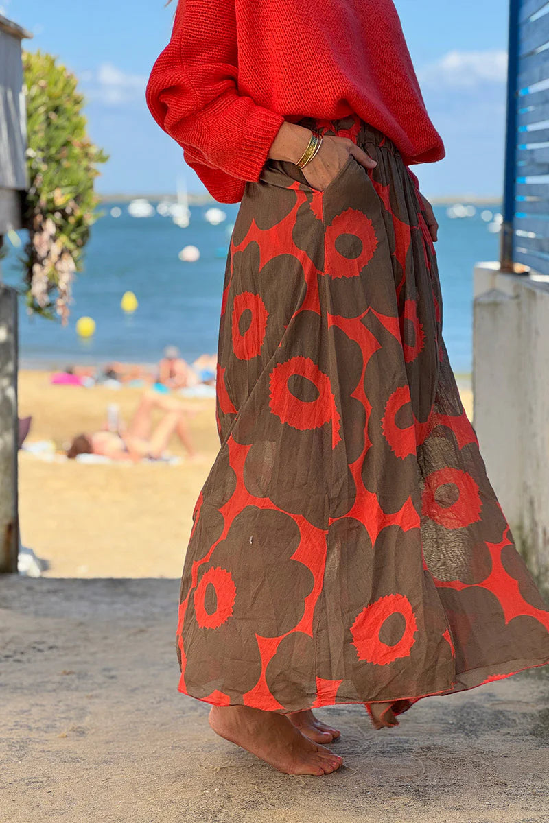 Orange Floral Maxi Skirt with Pockets
